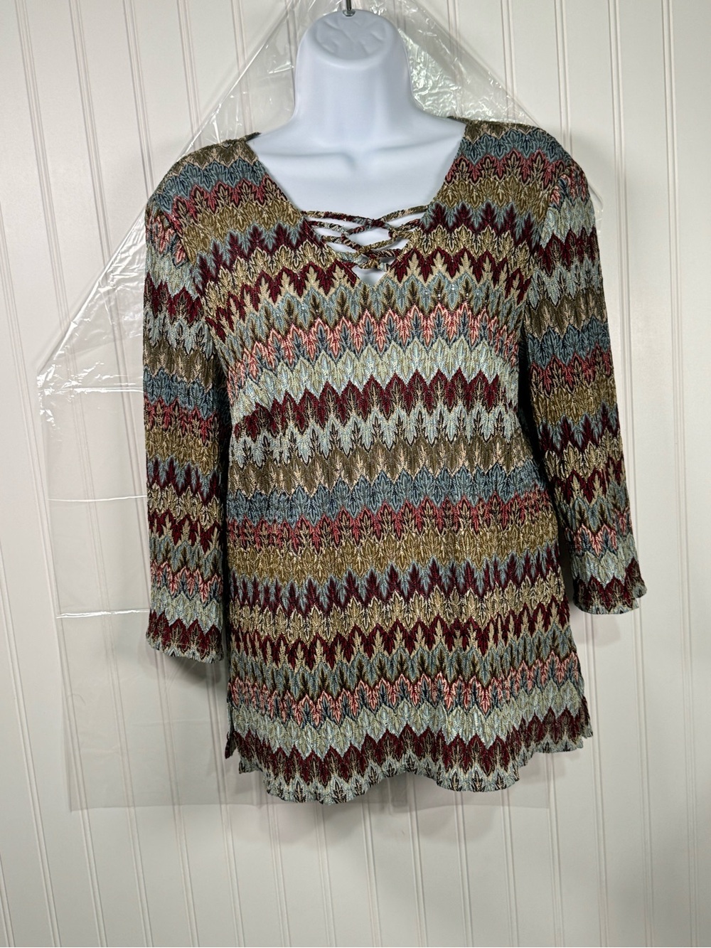 Tribal Multicolor Zigzag Lace-Up Knit Tunic - Burgundy, Olive, Blue, Tan